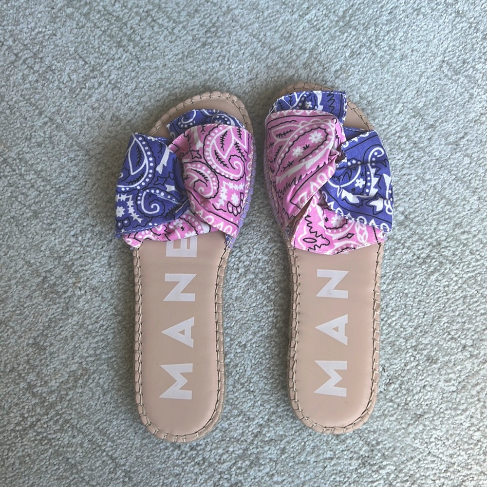 Brand New Manebi designer slides - Pink/Purple Bow Bandana-Print Canvas